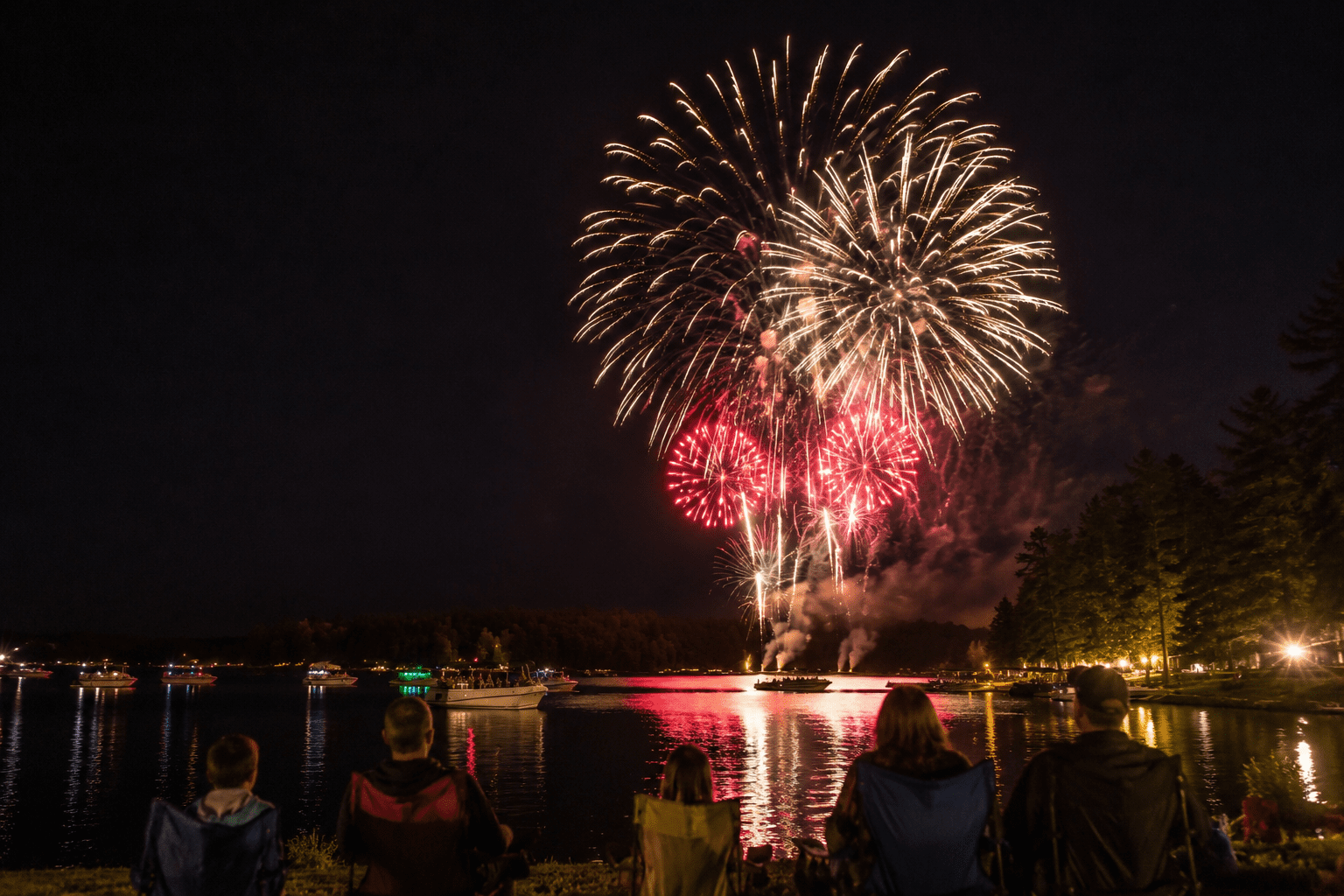 Firework display over a lake