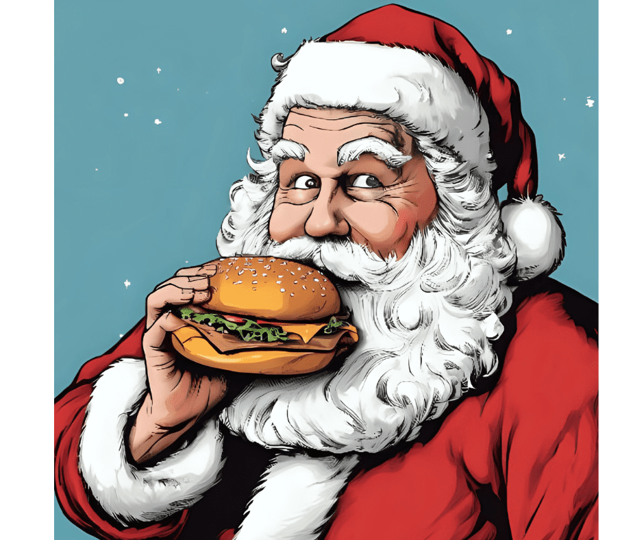 Santa holding and eating a cheeseburger in a fun illustrated holiday scene.