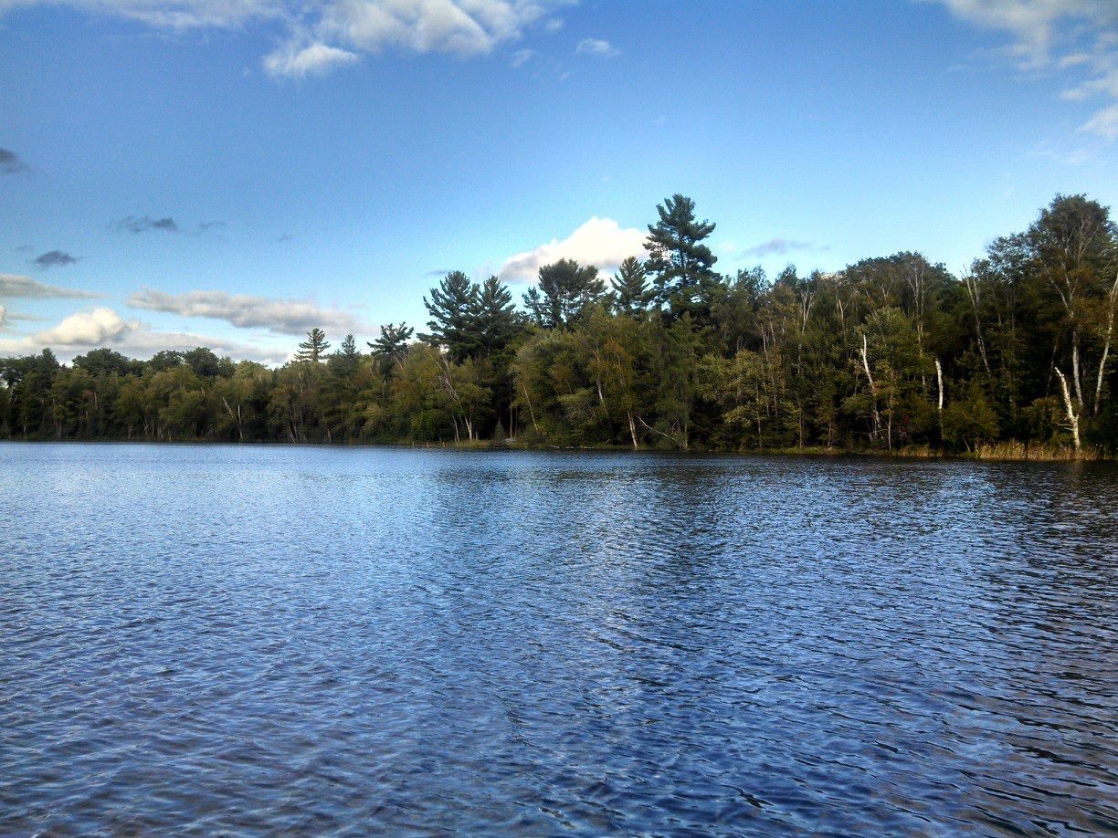 A scenic view of Chicaugon Lake on a bright summer day, with calm blue water and green trees lining the shore.