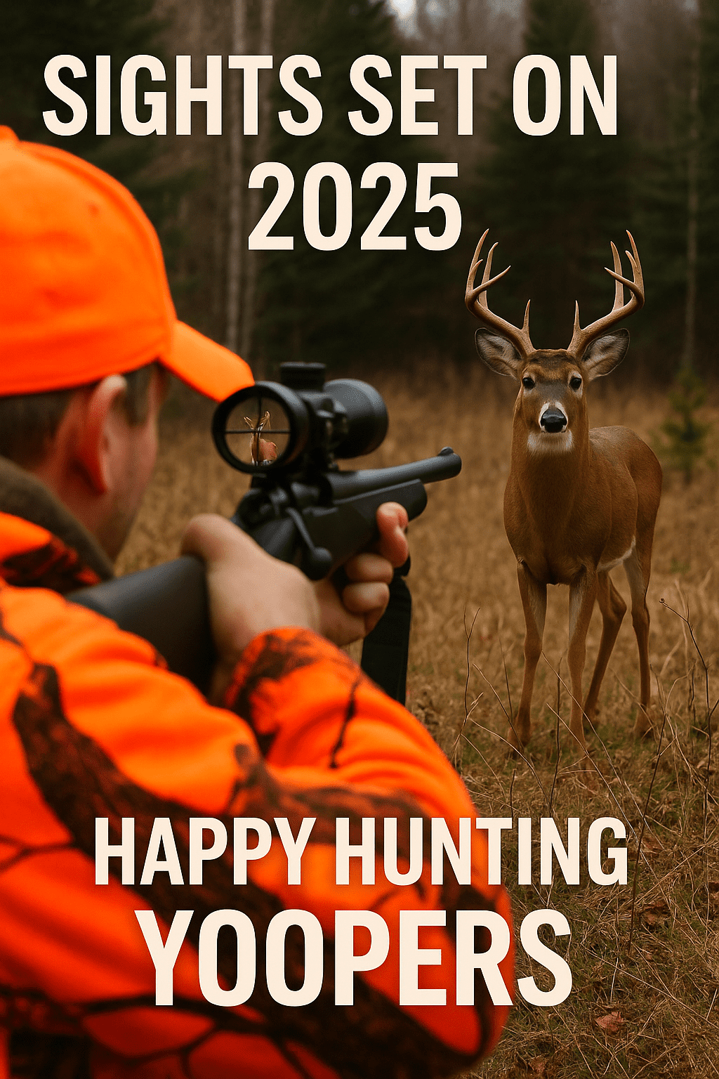 Hunter in orange gear aiming rifle at a white-tailed deer in the woods with text “Sights Set on 2025 – Happy Hunting Yoopers.”