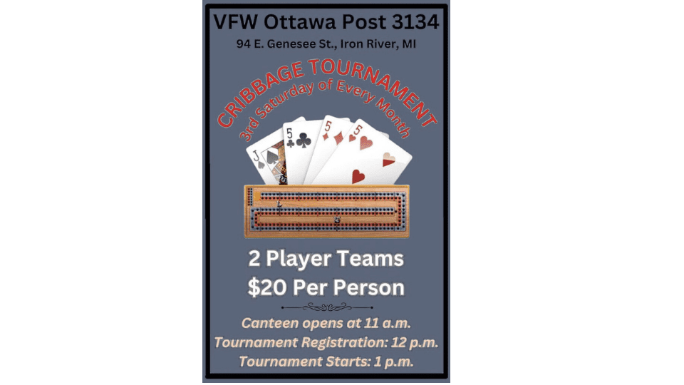 Cribbage tournament poster showing playing cards and board for VFW Ottawa Post 3134 in Iron River MI
