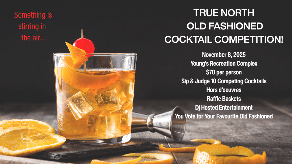 Old fashioned cocktail with orange peel and cherry garnish on bar counter promoting True North Old Fashioned Cocktail Competition in Crystal Falls, Michigan