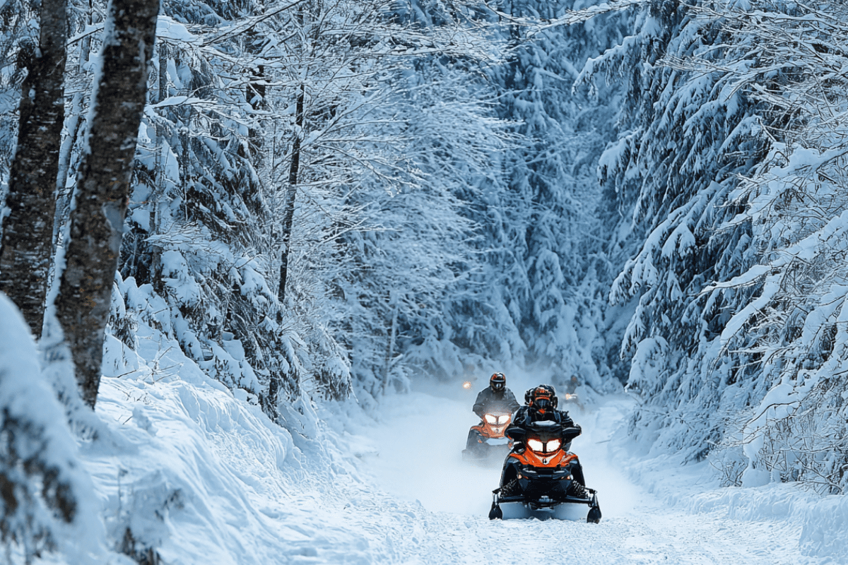 Snowmobiles on groomed trails in Iron County, Michigan.