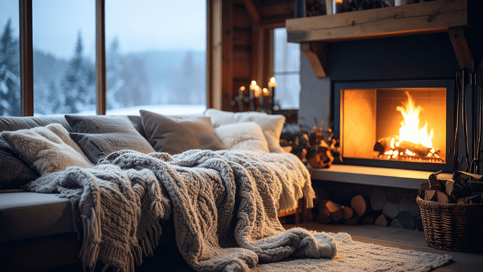 arm cabin living room with blankets and a crackling fireplace overlooking snowy trees in Iron County, Michigan.