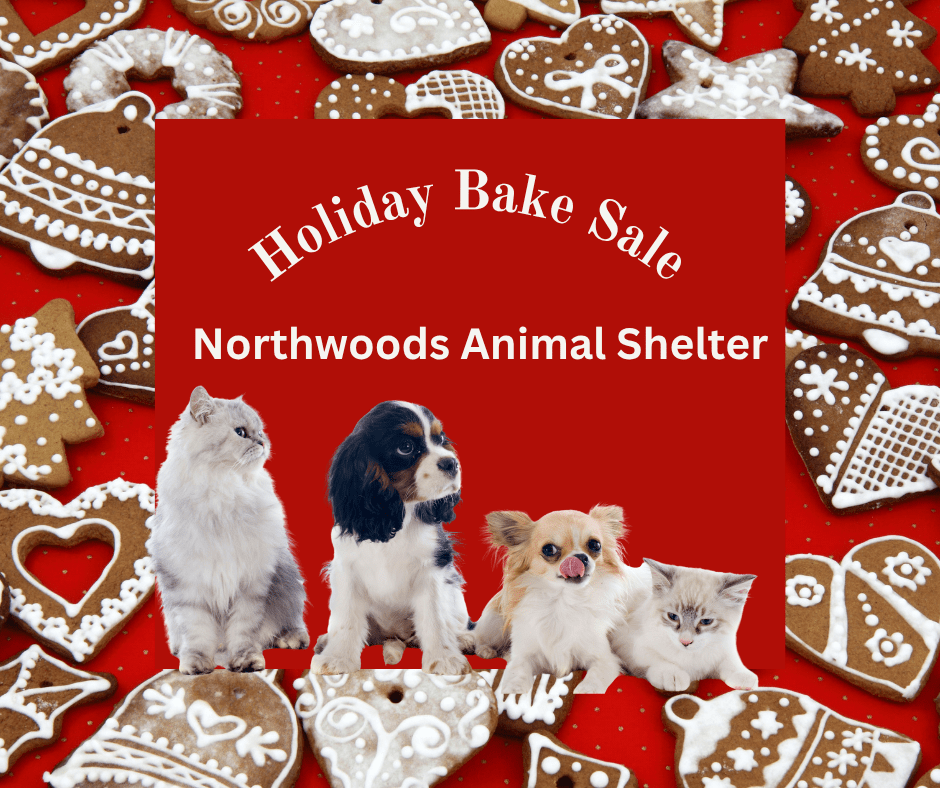 Holiday bake sale graphic featuring cookies and pets with “Holiday Bake Sale – Northwoods Animal Shelter” text.