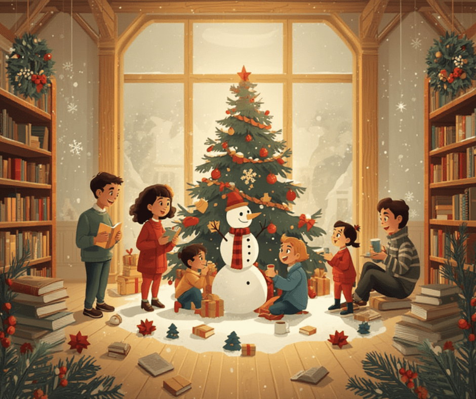 Christmas decorated library