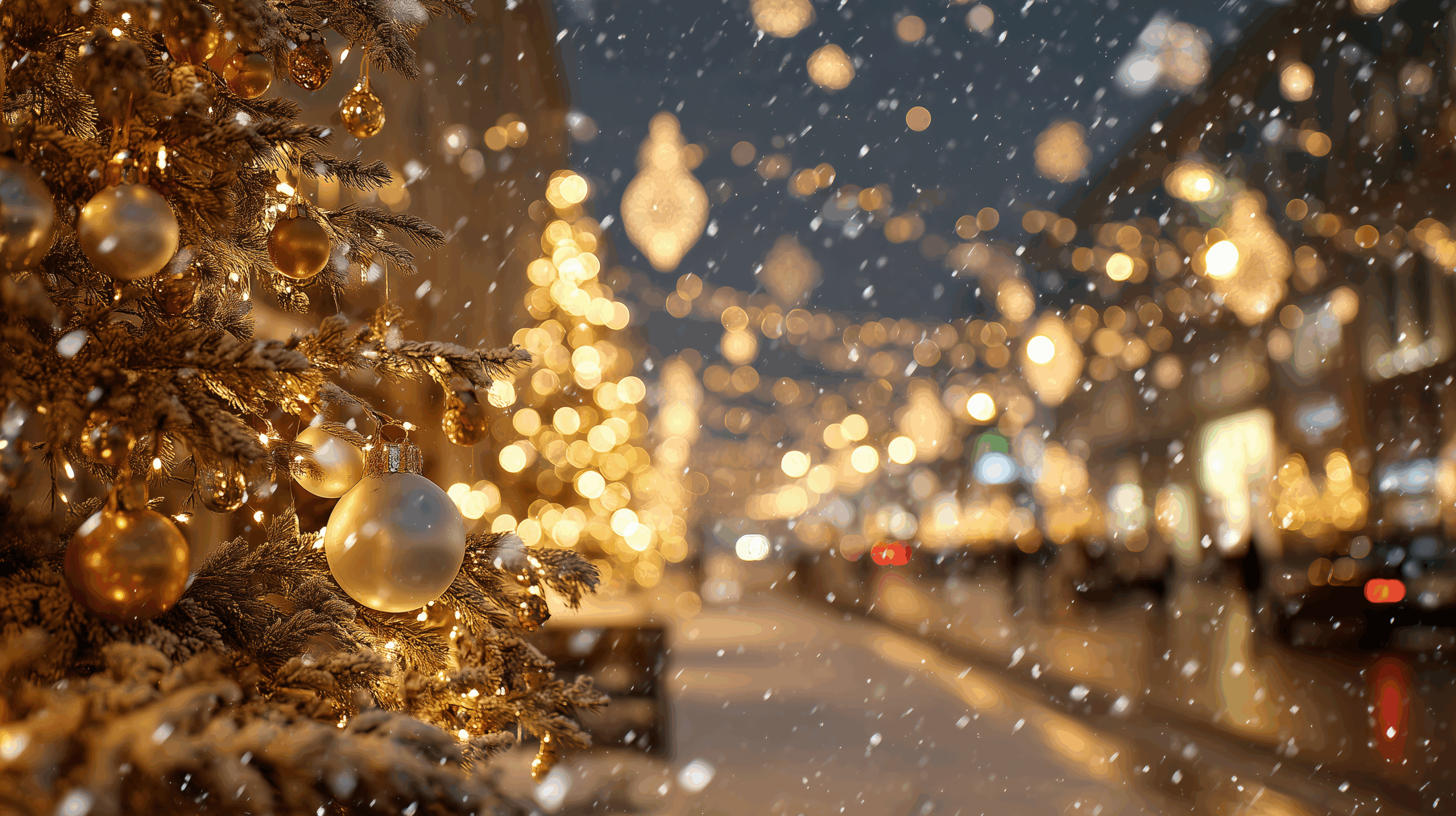 a beautiful close up of a christmas Tree decorated with Gold Bulb and trim in the middle of town