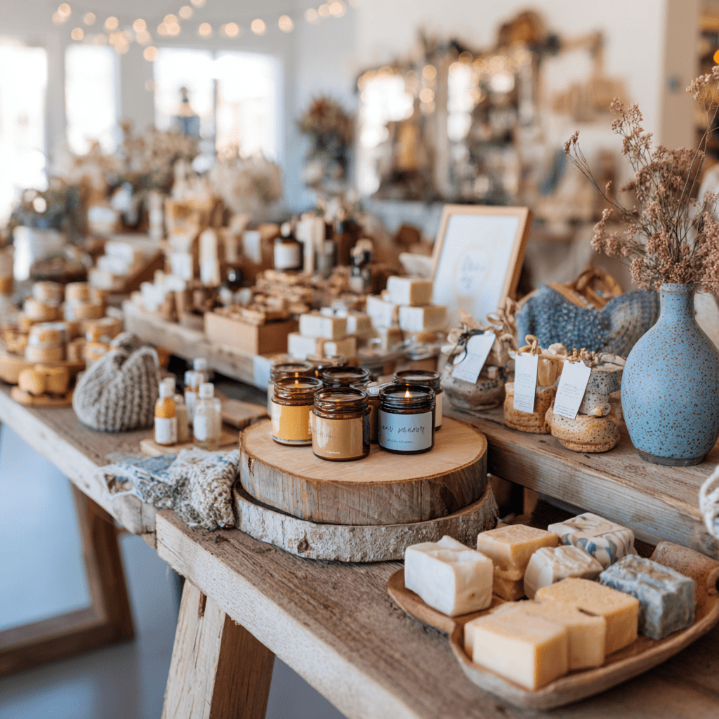 a table covered in homemade good soaps and socks alot neutrals