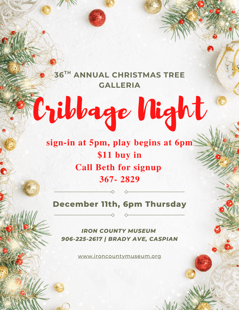 Holiday poster for the Iron County Museum’s Cribbage Night event with festive ornaments, event details, and contact information for signup.