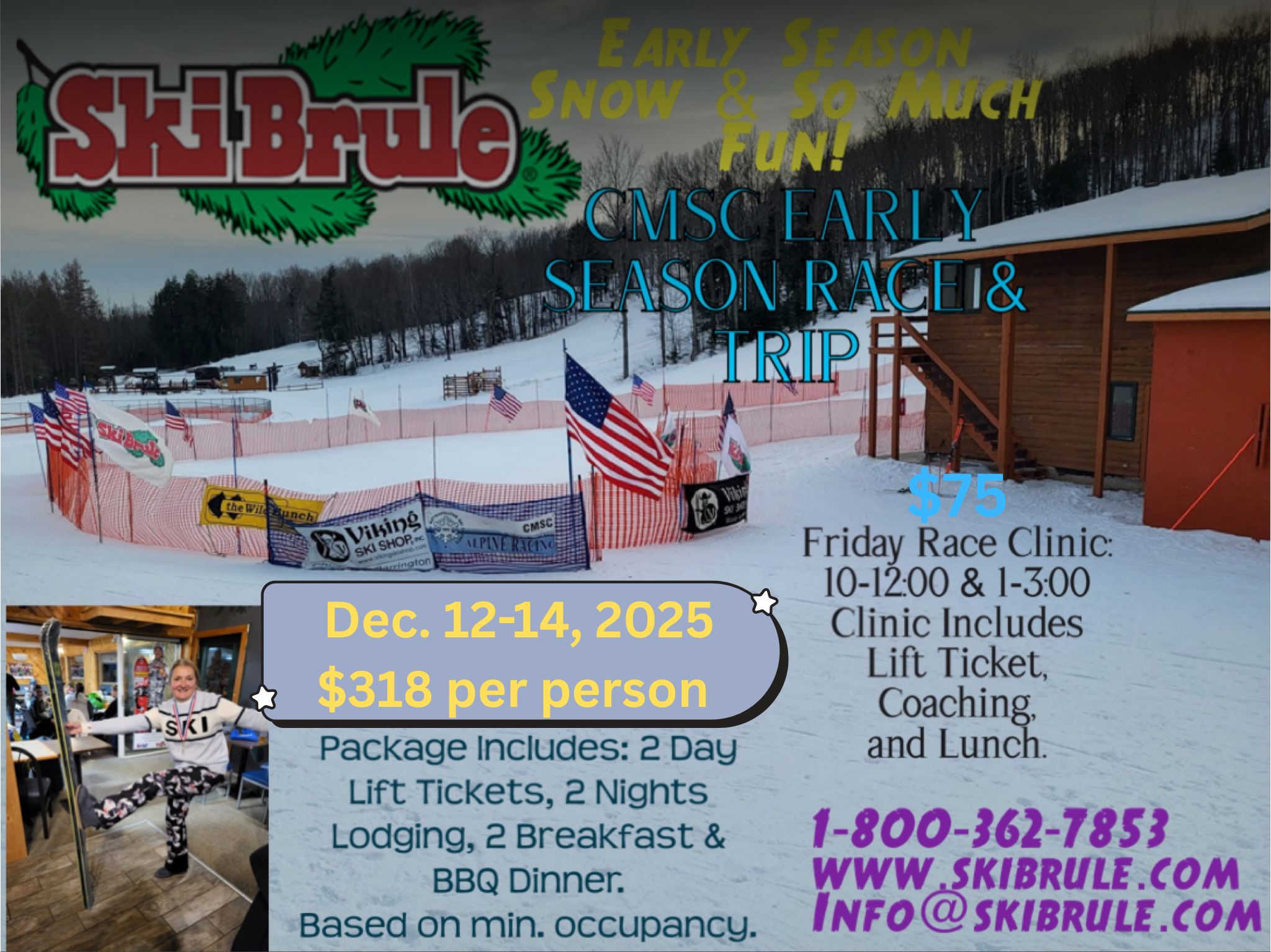 Promotional poster for the CMSC Early Season Race & Trip at Ski Brule, showing ski gates, snow-covered slopes, and event details for December 12–14, 2025.