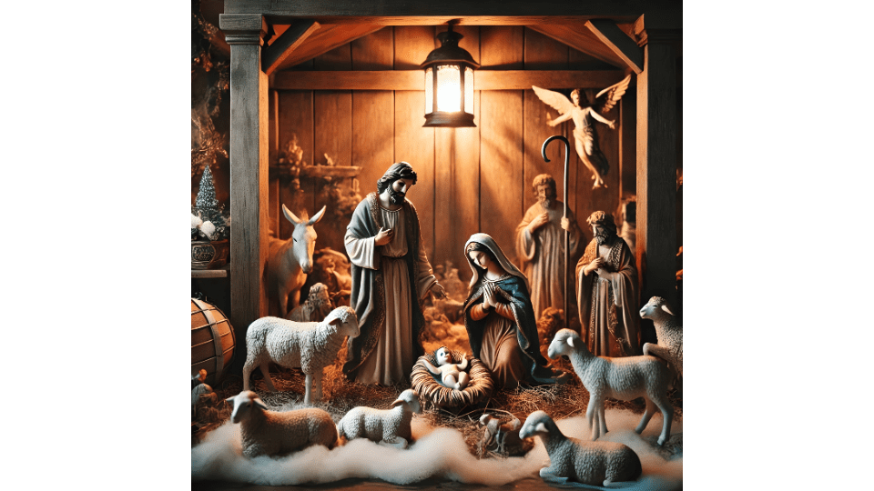 Nativity scene with figures of Mary, Joseph, baby Jesus, shepherds, and animals under a softly lit wooden stable.
