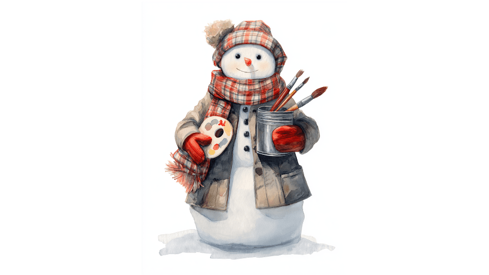 Watercolor snowman holding paintbrushes and a color palette, wearing a plaid hat and scarf.