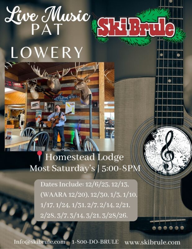 Guests enjoying live music by Pat Lowery at Homestead Lodge, Ski Brule, with BBQ dinner and winter activities.