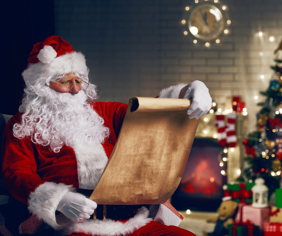 Santa Clause looking jolly reading the naughty list surrounded by a christmas tree and presents