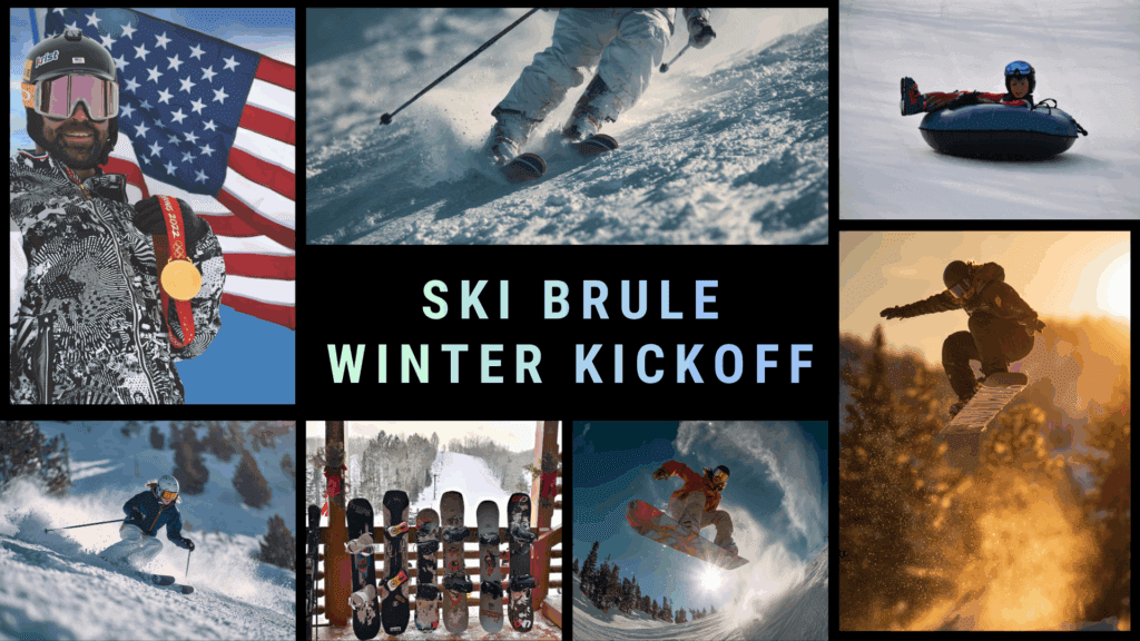 Collage of winter activities at Ski Brule, including snowboarding, skiing, tubing, and Olympic gold medalist Nick Baumgartner with an American flag.