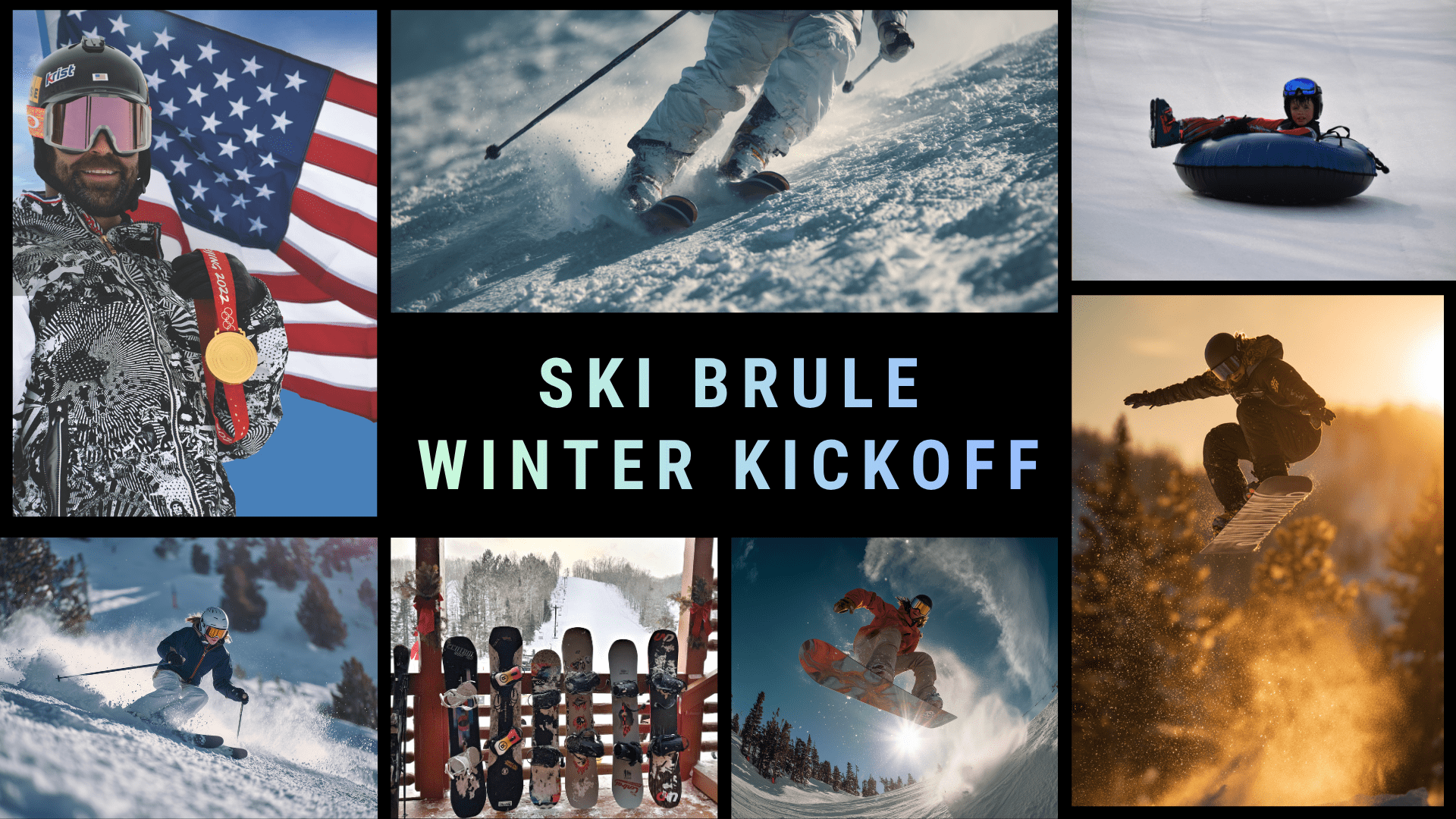 Collage of winter activities at Ski Brule, including snowboarding, skiing, tubing, and Olympic gold medalist Nick Baumgartner with an American flag.