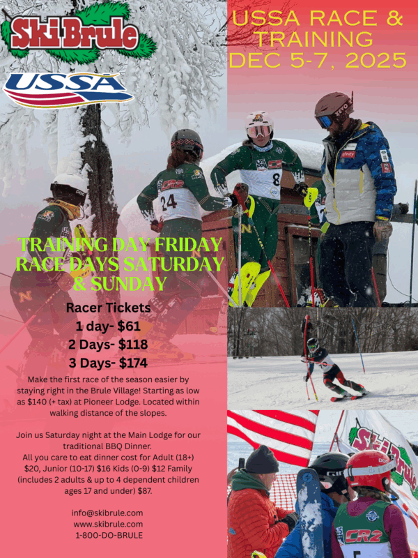Promotional poster for the Ski Brule USSA Race & Training event, showing skiers preparing to race and event details for December 5–7, 2025.