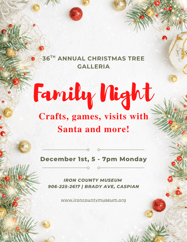 Holiday poster for the Iron County Museum Family Night featuring event details, festive decorations, and ornaments.