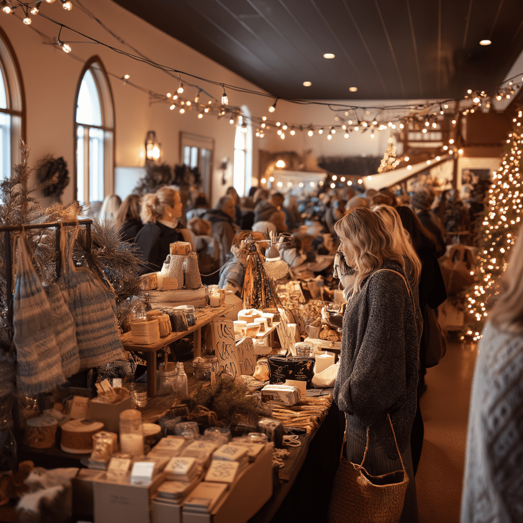 a holiday craft show in. small town with a bunch of people looking over a table of goods