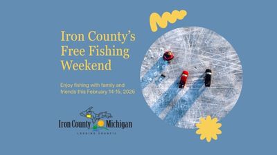 A flyer to promote Michigans free fishing weekend February 14,15 an aerial shot of trucks on the ice
