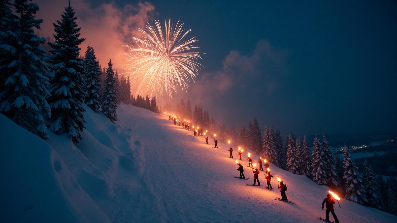 A firework display atop the ski brule slopes , skier with their lights making the trek to the top at night