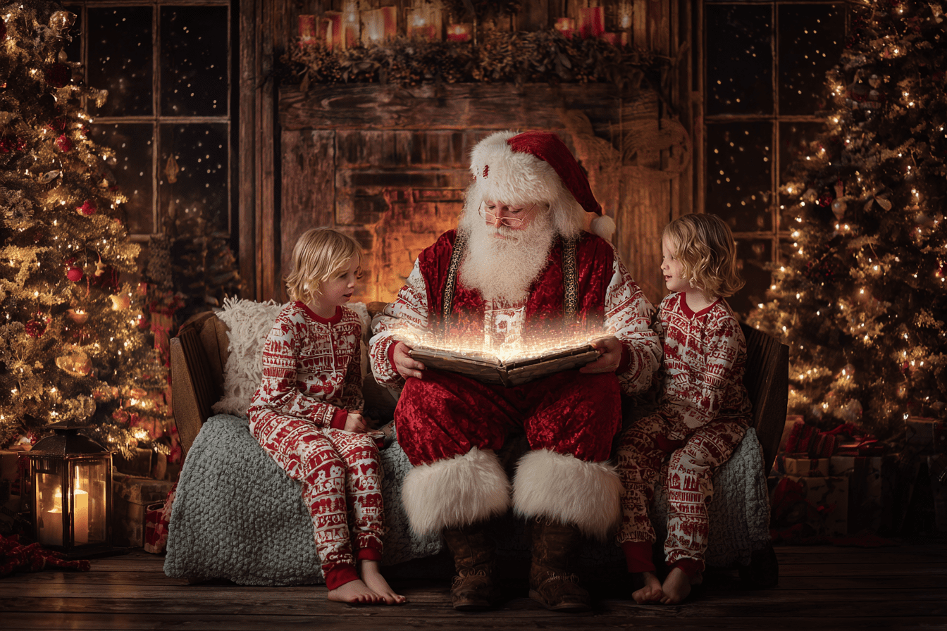 A cinematic photo of a very jolly santa in focus reading l with the2 children his book a glow in a beautifully decorated home lights