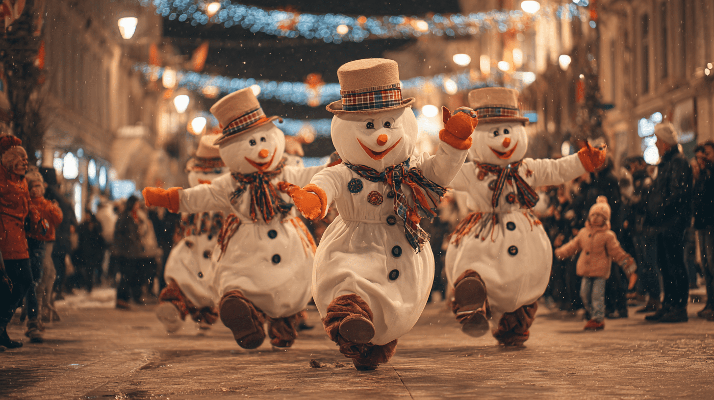 snow man dancing in the evening on a street during a christmas parade thru town people joyfully watching form the sides
