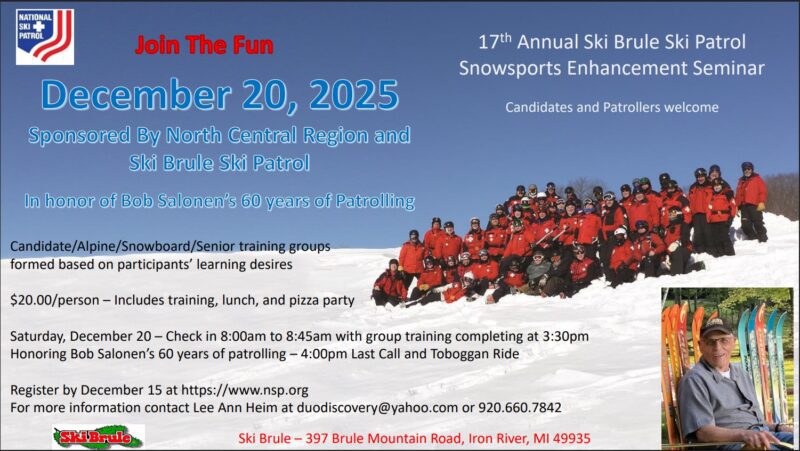 Ski patrollers training with rescue toboggans at Ski Brule during the Snowsports Enhancement Seminar.