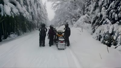 snowmobilers taking a break on a trail