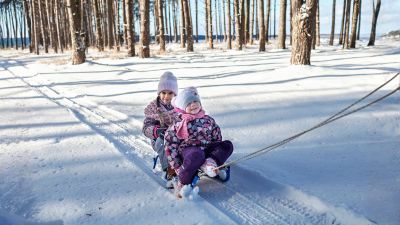 2 young children being pulled on a sled on a winter trail
