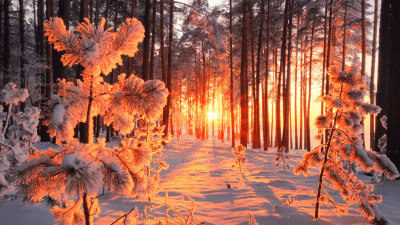sunset coming through a snow covered woods