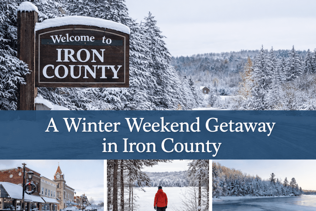 a trio of images of Iron County with a banner going across saying a winter weekend getaway