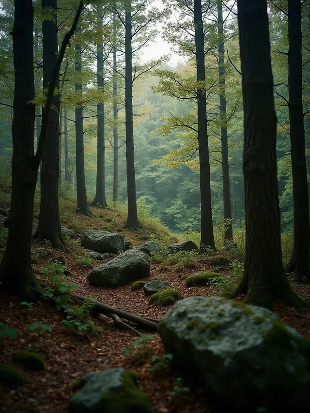 Deep forest of tall hemlock and maple with mossy boulders and a fallen log