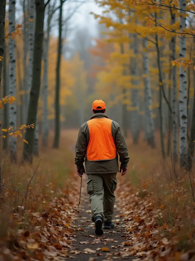 A hunter in a blaze orange cap and vest walking a leaf-covered trail through gold aspen and birch
