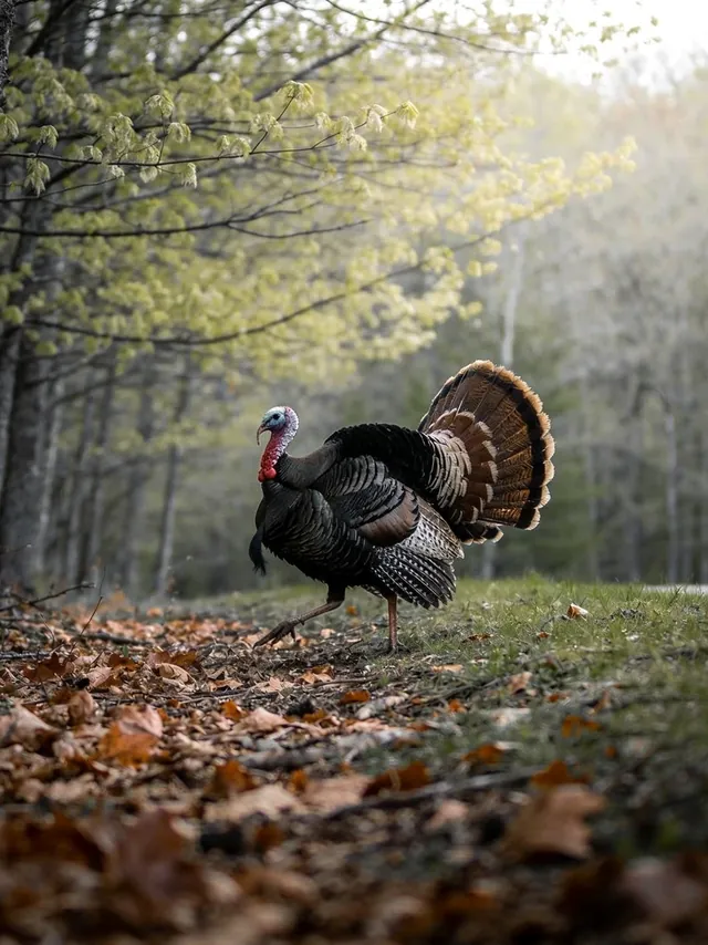 A wild turkey gobbler in full strut at the edge of a spring hardwood forest