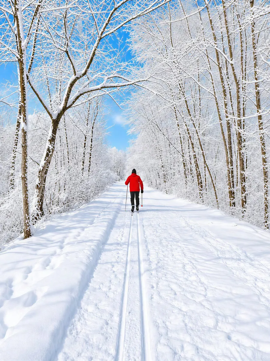 A skier in red on a groomed cross-country trail through frosted trees