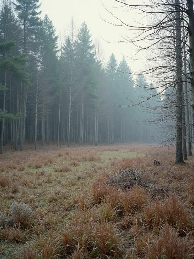 A frosted grassy opening at the edge of cedar, fir and bare maple in late fall mist