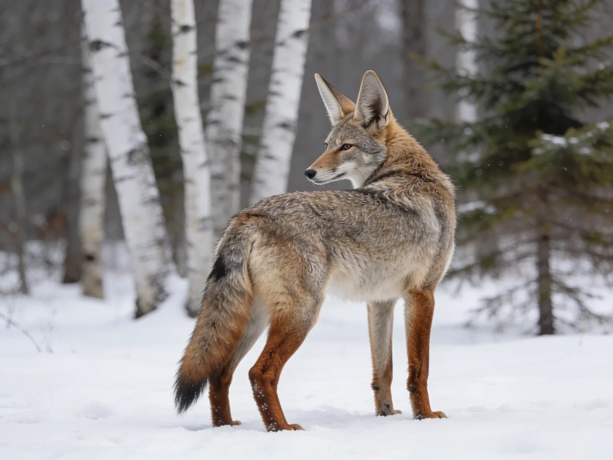 A lean coyote in its winter coat looking back over its shoulder in the snow