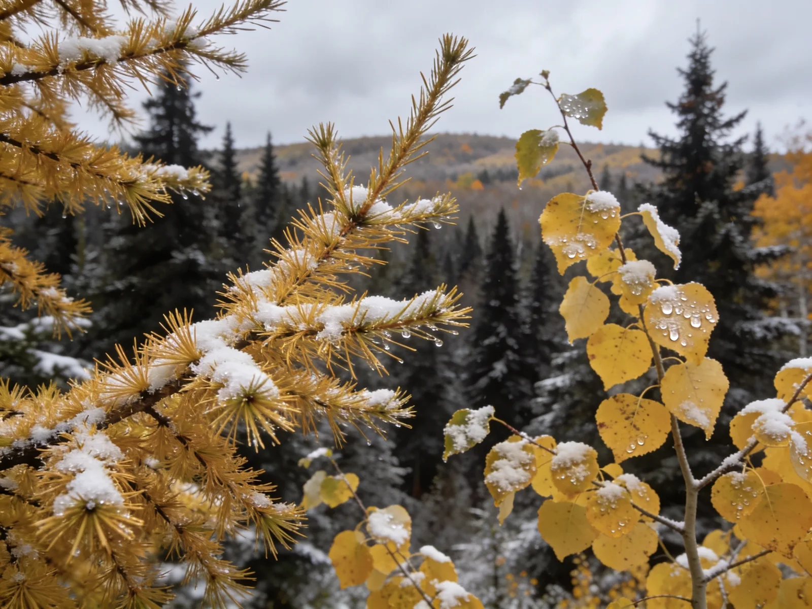 The first snow on golden tamaracks in Iron County
