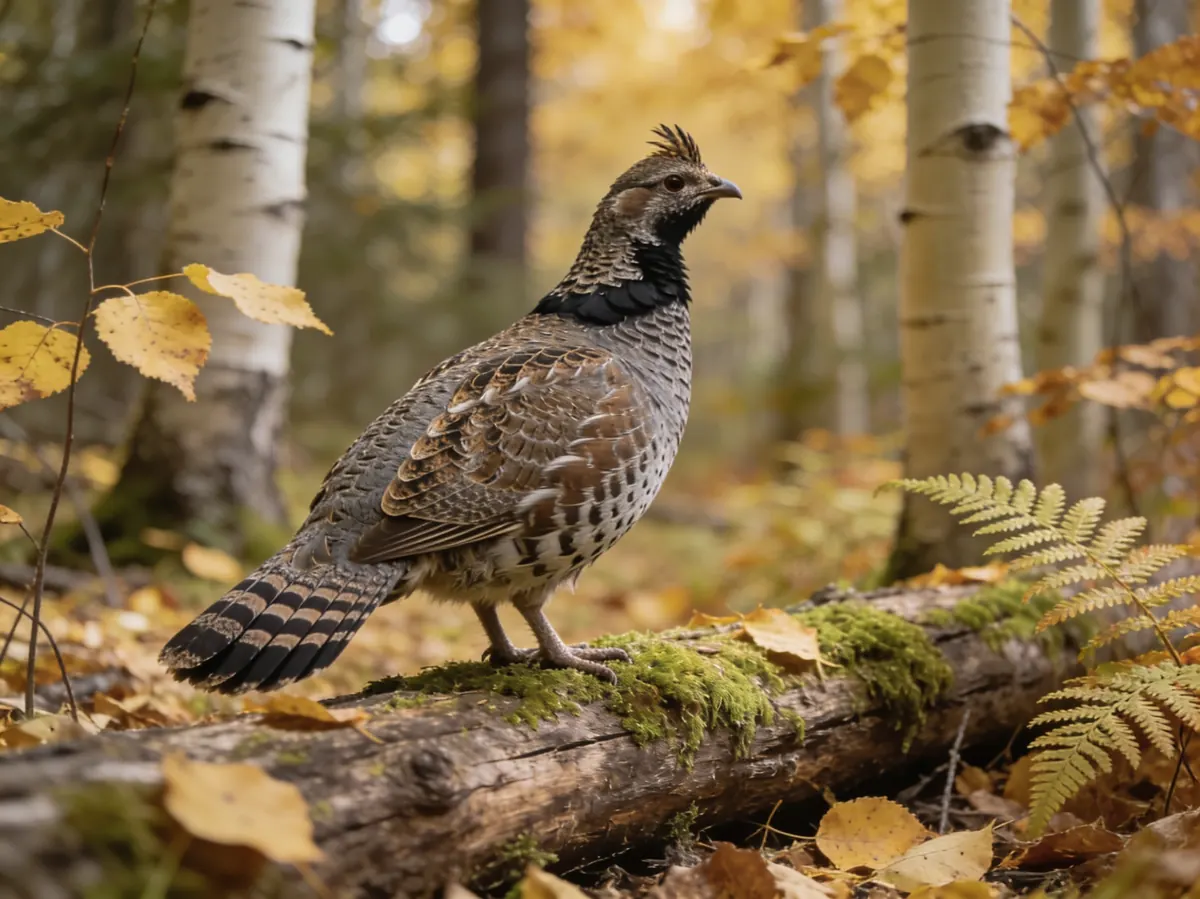A ruffed grouse standing on a mossy log among fallen gold aspen leaves and ferns