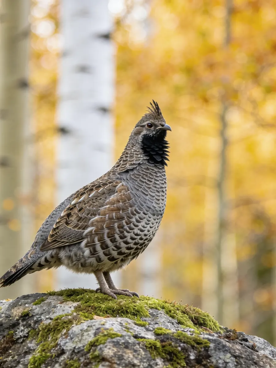 A ruffed grouse perched on a mossy rock among white birch and gold aspen