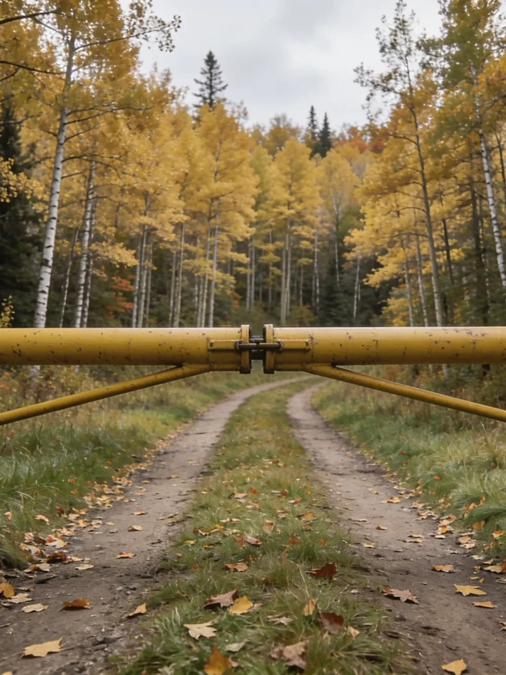 A closed yellow pipe gate across a grassy two-track leading into gold aspen woods