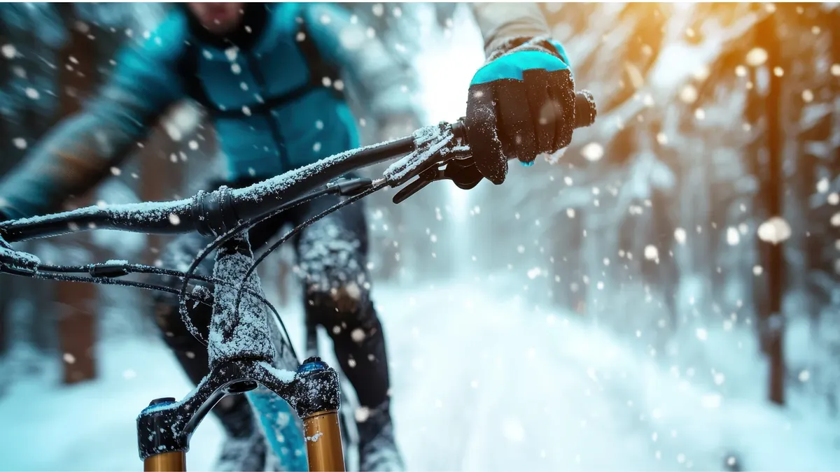 Close view of a fat tire bike's handlebars in falling snow on a forest trail
