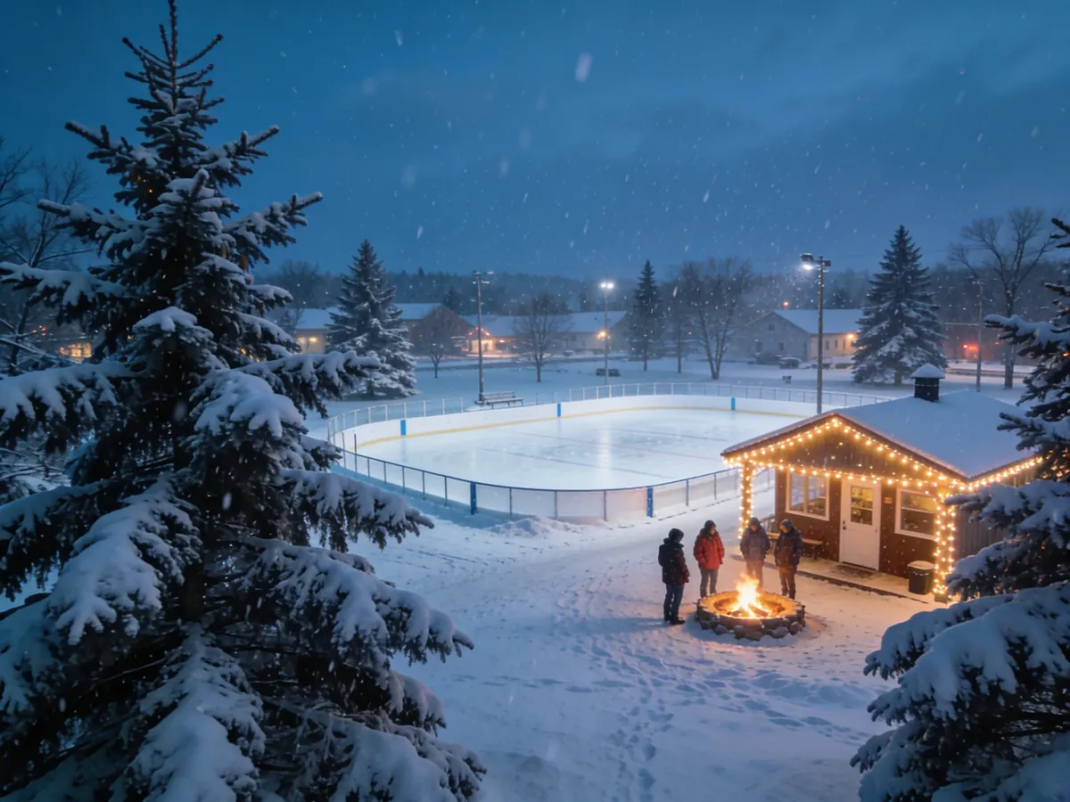 An outdoor skating rink in a snowy small-town park at dusk, lit by string lights