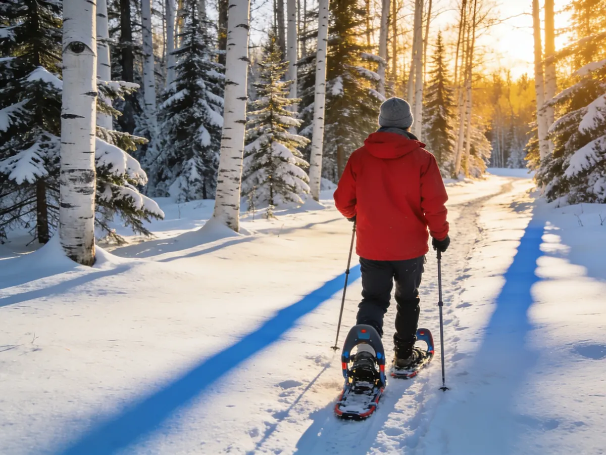 A snowshoer walking a snowy trail through birch and spruce in golden afternoon light