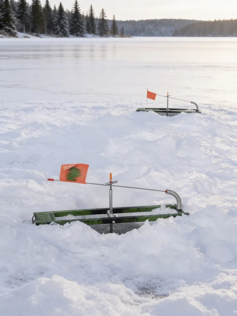 A green rail tip-up with its orange flag over a hole in the snow-covered lake ice, with a second tip-up set behind