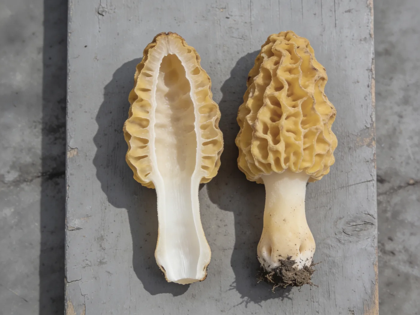 A yellow morel sliced top to bottom, showing one hollow chamber from cap to stem, next to a whole morel