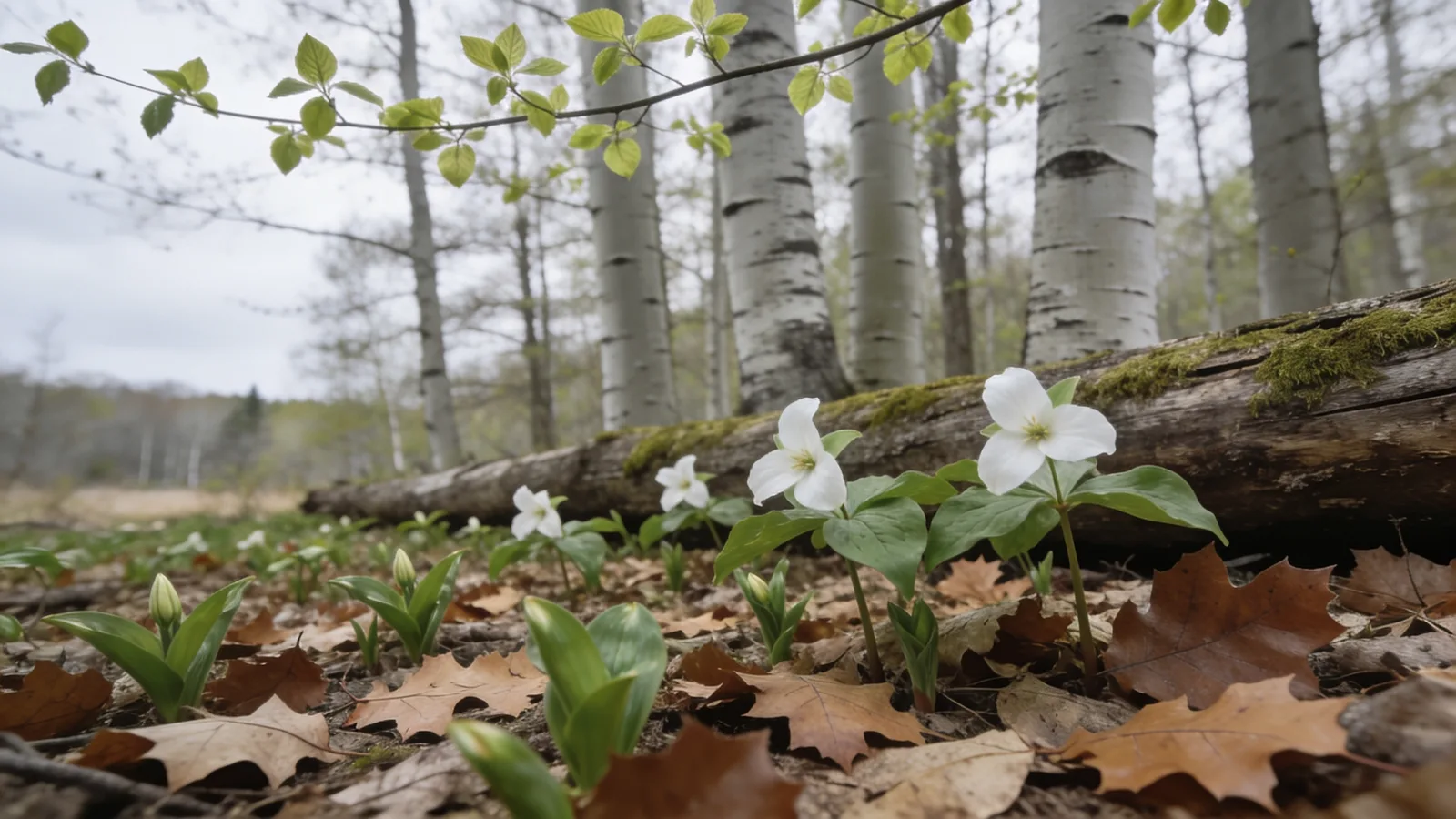 Trilliums and new green leaves on a hardwood forest floor in May