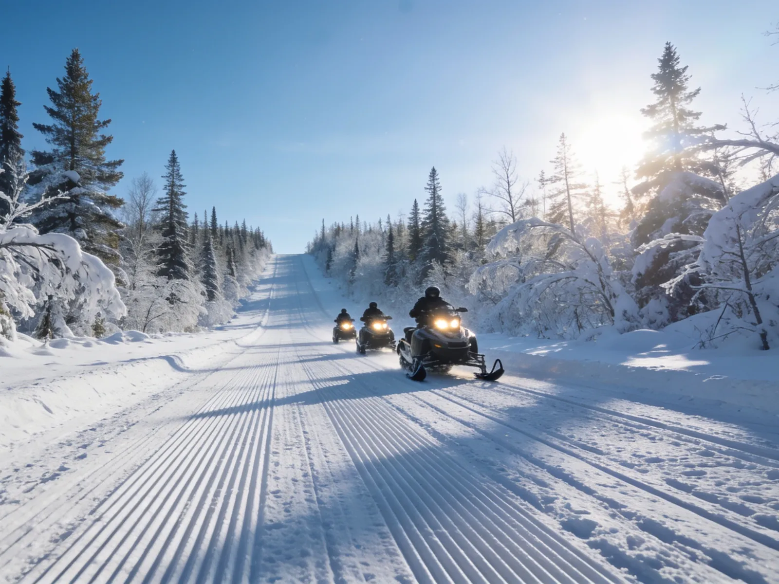 Three snowmobilers with headlights on, riding a wide groomed trail through frosted spruce and birch
