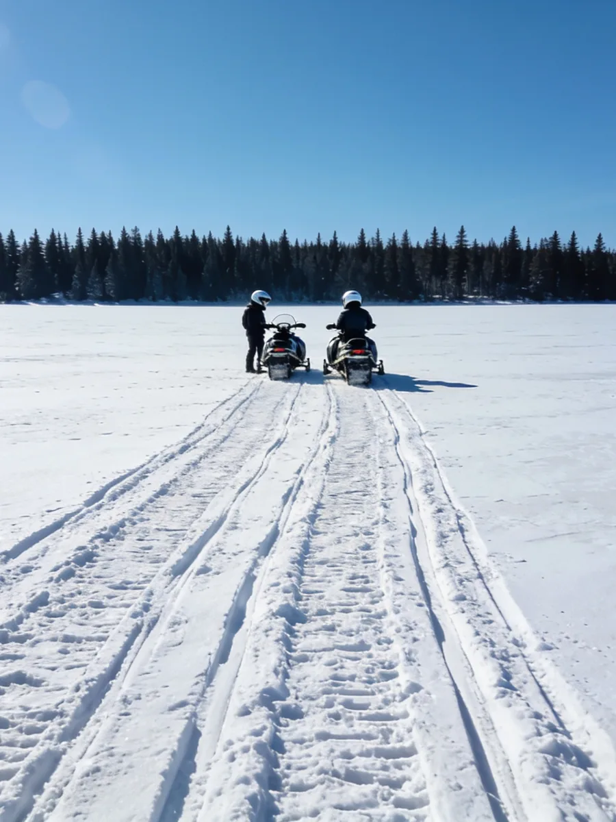 Two snowmobilers stopped on a snow-covered frozen lake below a line of dark spruce
